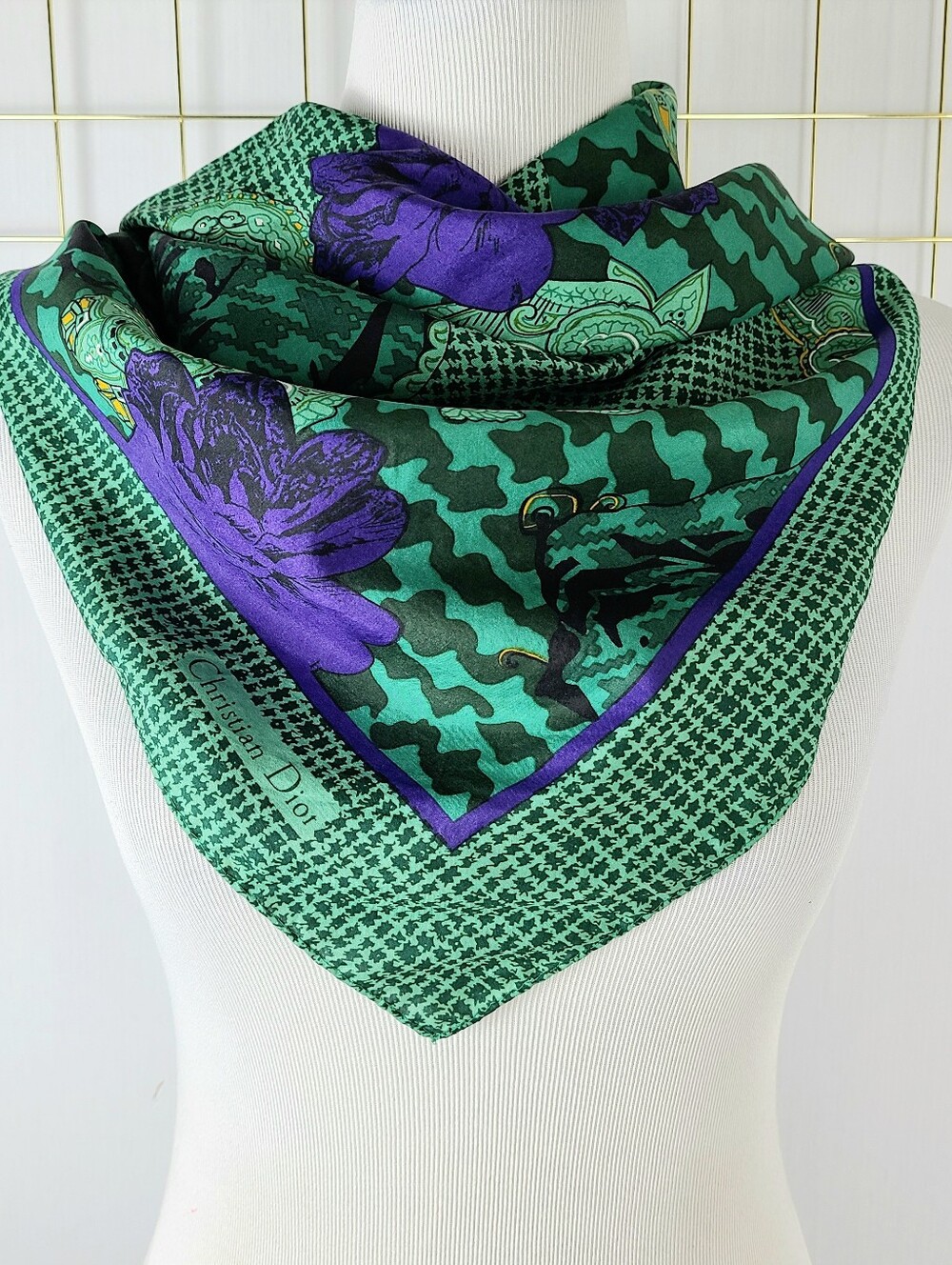 Christian Dior Royal Blue Green Paisley Vintage Silk Scarf